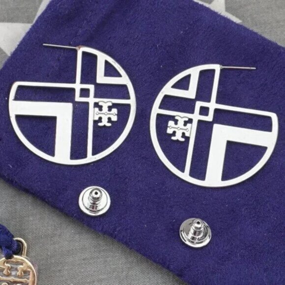 Tory Burch Chevron Hoop Statement Earrings in Silver - Picture 2 of 4